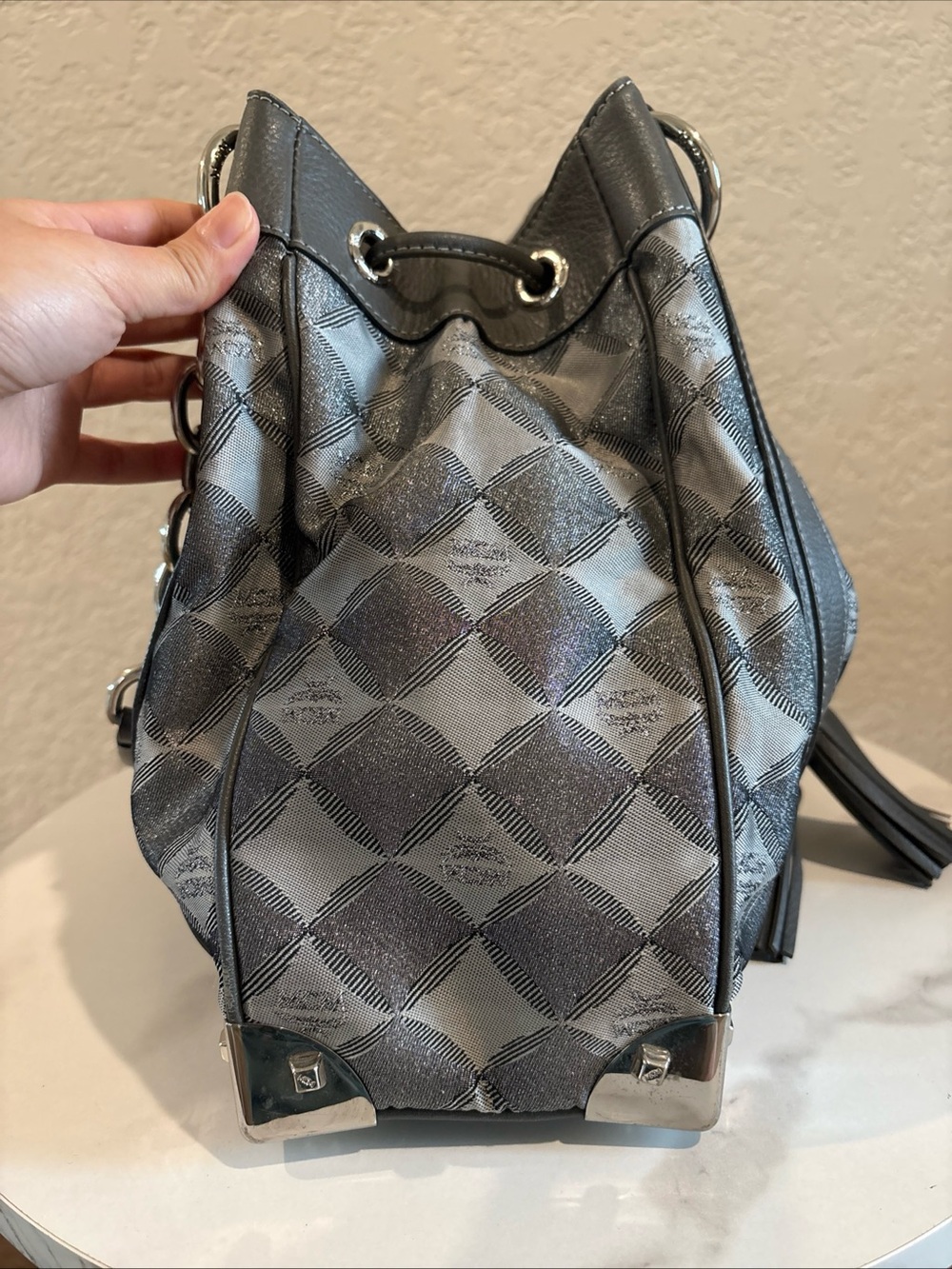 MCM Gray Drawstring Tote Bag with Chain Handle - Picture 9 of 16